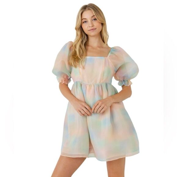 NWT Endless Rose Pastel Ombré Puff Sleeve Mini Dress - Picture 2 of 9